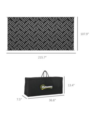 Reversible Outdoor Rug, 9' x 18' Waterproof Plastic Straw Floor Mat, Portable RV Camping Carpet with Carry Bag, Large Floor Mat for Backyard, Deck, Picnic, Beach, Black & Gray Geometric