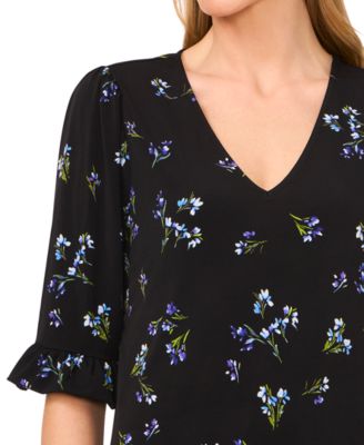 Women's Printed V-Neck 3/4-Ruffle-Sleeve Top 