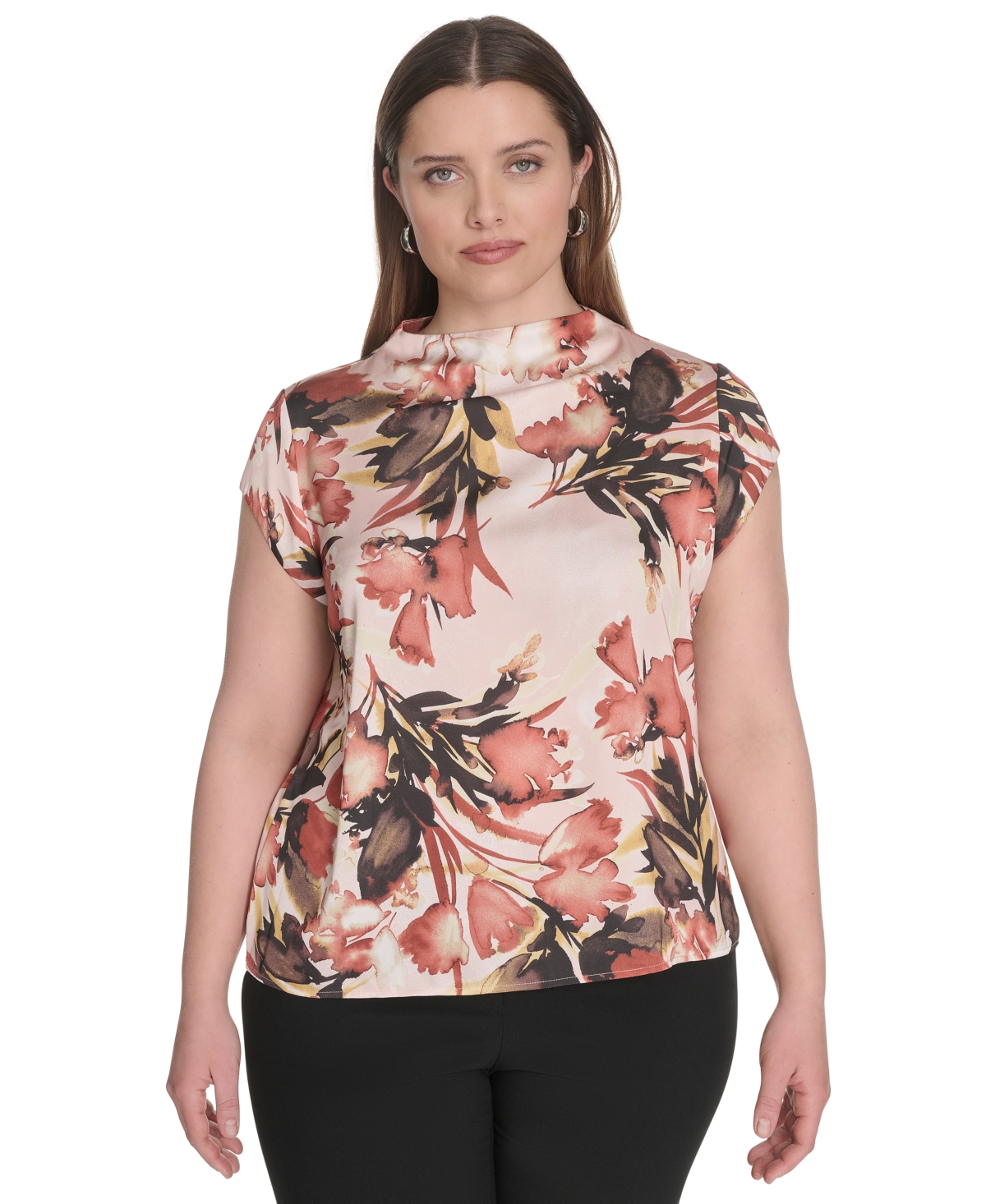 Calvin Klein Plus Size Printed Mock-neck Cap-sleeve Top In Multi
