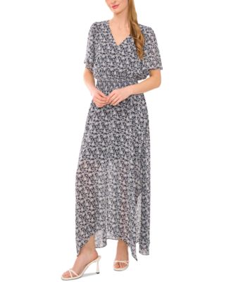 CeCe - Women's V-Neck Smocked-Waist Floral-Print Maxi Dress