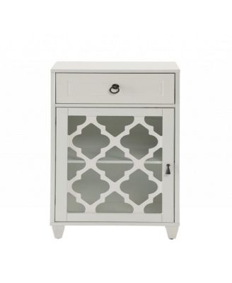 Fret Work Glass Door Cabinet with Decorative Accents and Storage
