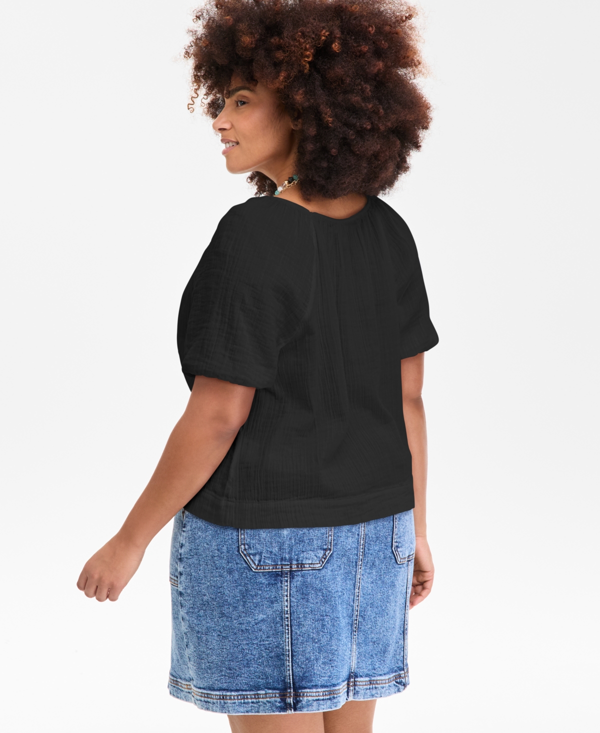 On 34th Plus Size Cotton Gauze Scoop-neck Puff-sleeve Top, Exclusively At Macy's