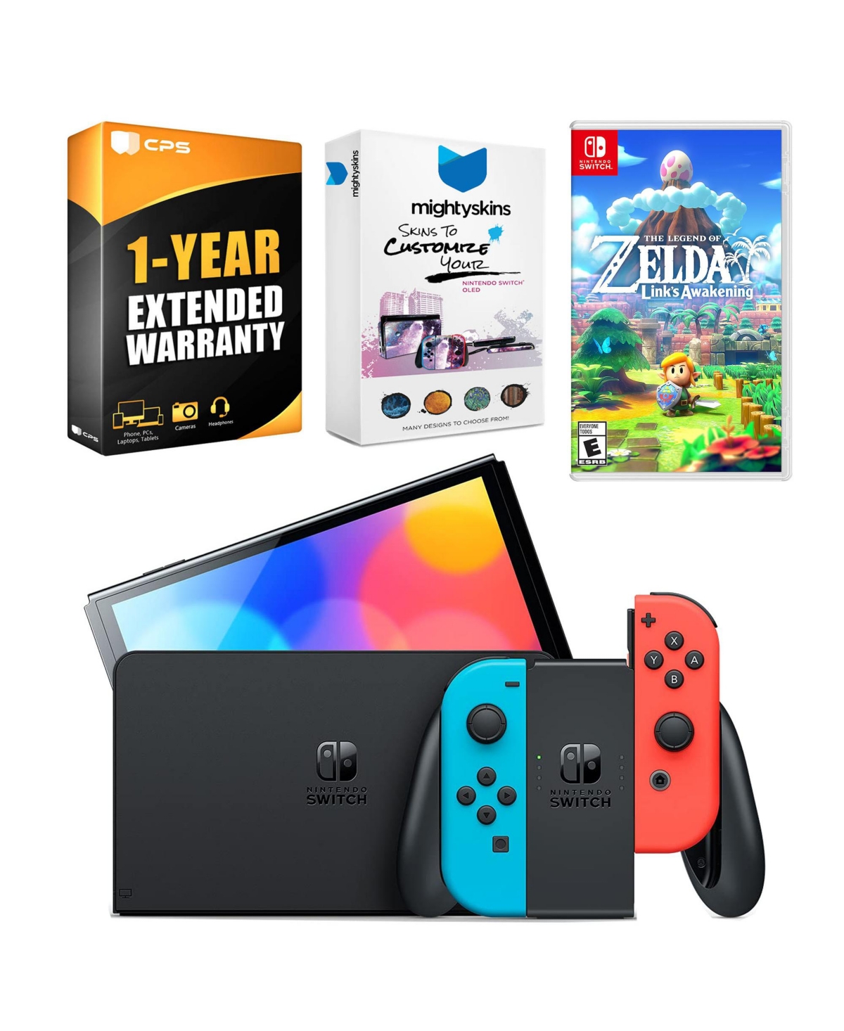 Nintendo Switch Neon Red & Blue Oled Console with The Legend of Zelda: Link's Awakening, MightySkins Console and Controller Skin Voucher