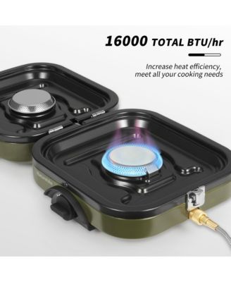 2 Burner Folding Camping Stove with Griddle, Portable Camp Isobutane Gas Stove with 16000 BTU Adjustable Burners & Piezo Ignition