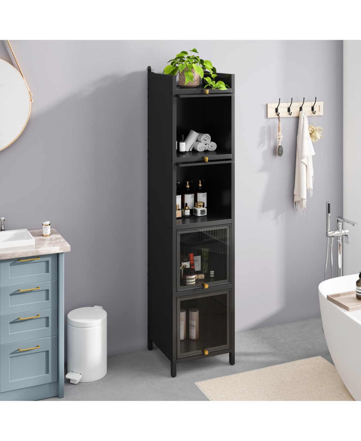 Modern 4-Tier Glass Door Cabinet with 5-Tier Storage for Home