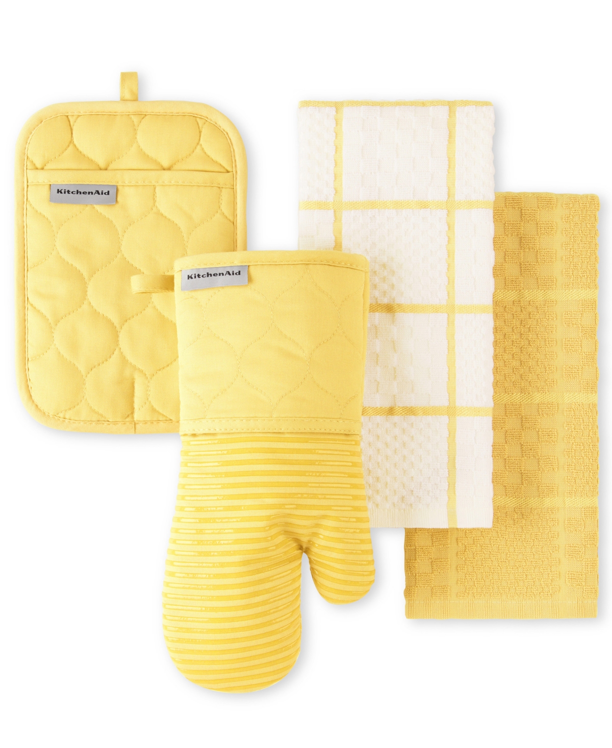 Quilted Cotton Terry Cloth Kitchen Towel, Oven Mitt, Pot Holder, 4-Pack Set - Butter Yellow
