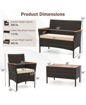 4 PCS Patio Wicker Sofa Set with Coffee Table Acacia Wood Armrests & Tabletop