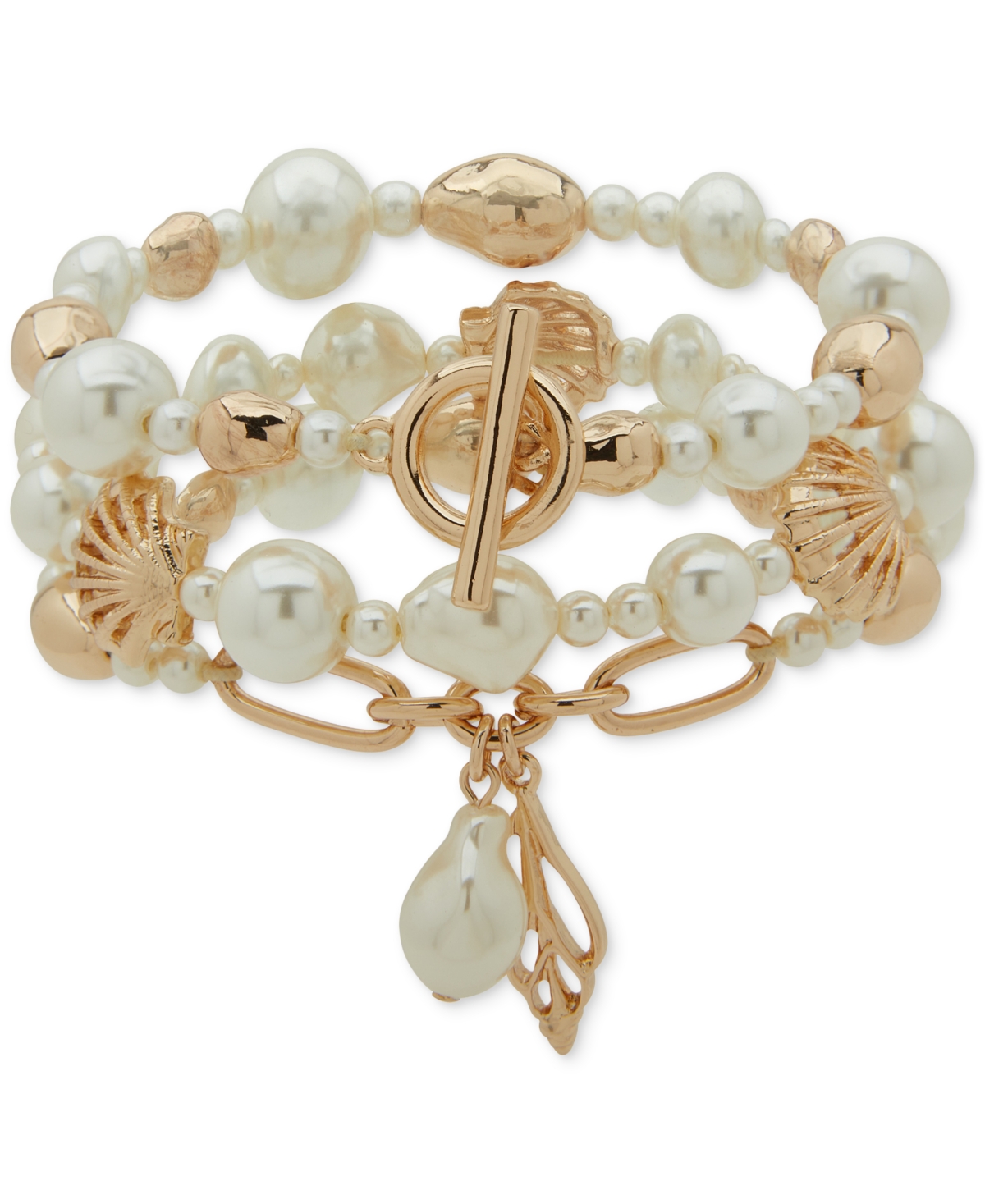 Gold-Tone Imitation Pearl Shell-Motif Triple-Row Stretch Bracelet - Pearl