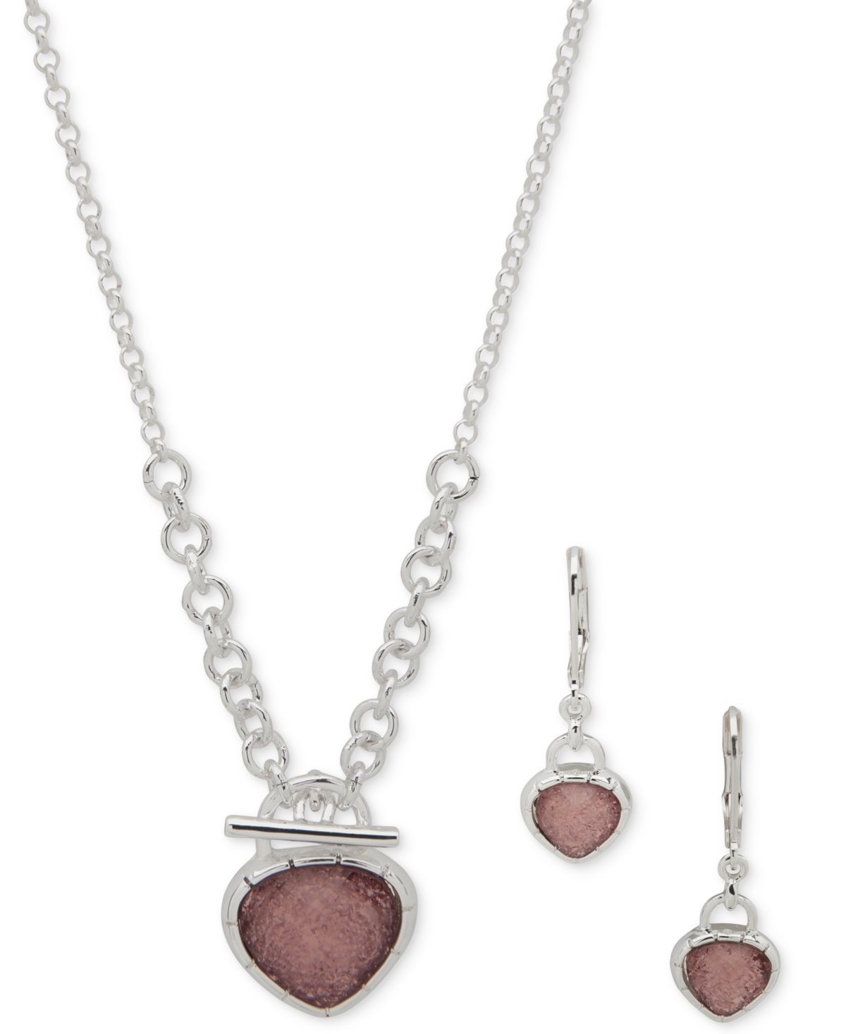 Silver-Tone Pear-Shape Stone Pendant Necklace & Drop Earrings Set - Purple