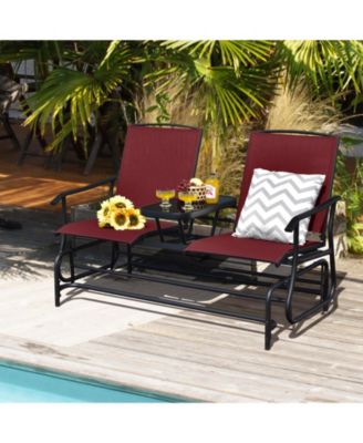 2-Person Double Rocking Loveseat with Mesh Fabric and Center Tempered Glass Table