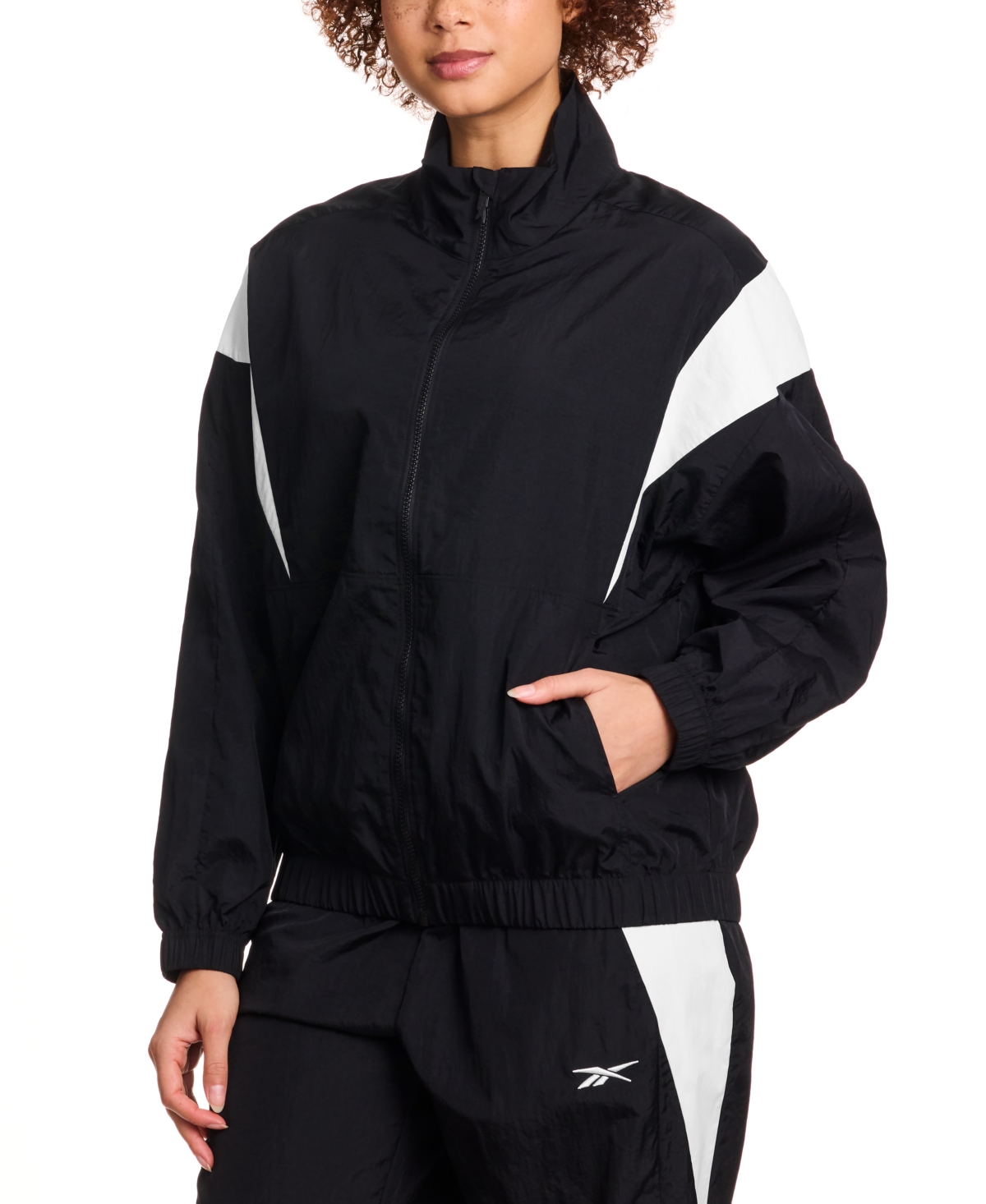 Women's Woven Crinkle Colorblocked Track Jacket - Black/glitch Aqua