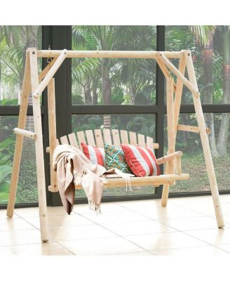 Outdoor Wooden Porch Bench Swing Chair with Rustic Curved Back