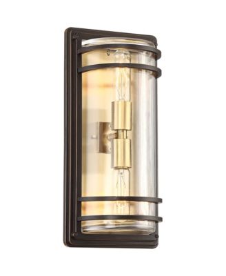 Habitat Modern Industrial Outdoor Wall Light Fixtures Set of 2 Bronze Brass 16" Clear Glass for Post Exterior Barn Deck