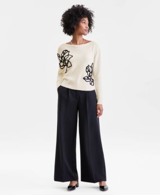 Petite Bold Floral Embroidery Cashmere Sweater, Exclusively at Macy's 