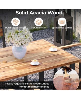 7 PCS Acacia Wood Patio Dining Set 6 Armchairs and 69" Table with 2" Umbrella Hole