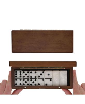 Double 6 Marbleized Dominoes in Magnetic Wooden Travel Box, White Color