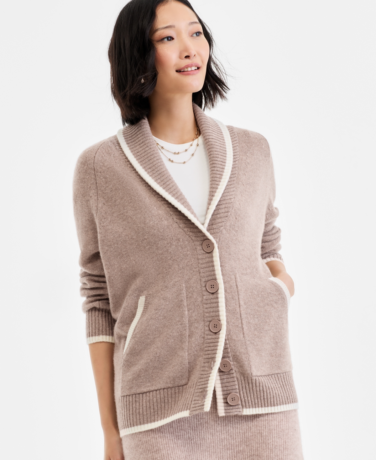 Charter Club Women's 100% Cashmere Tipped Shawl-collar Boyfriend Cardigan, Macy's Exclusive In Pink