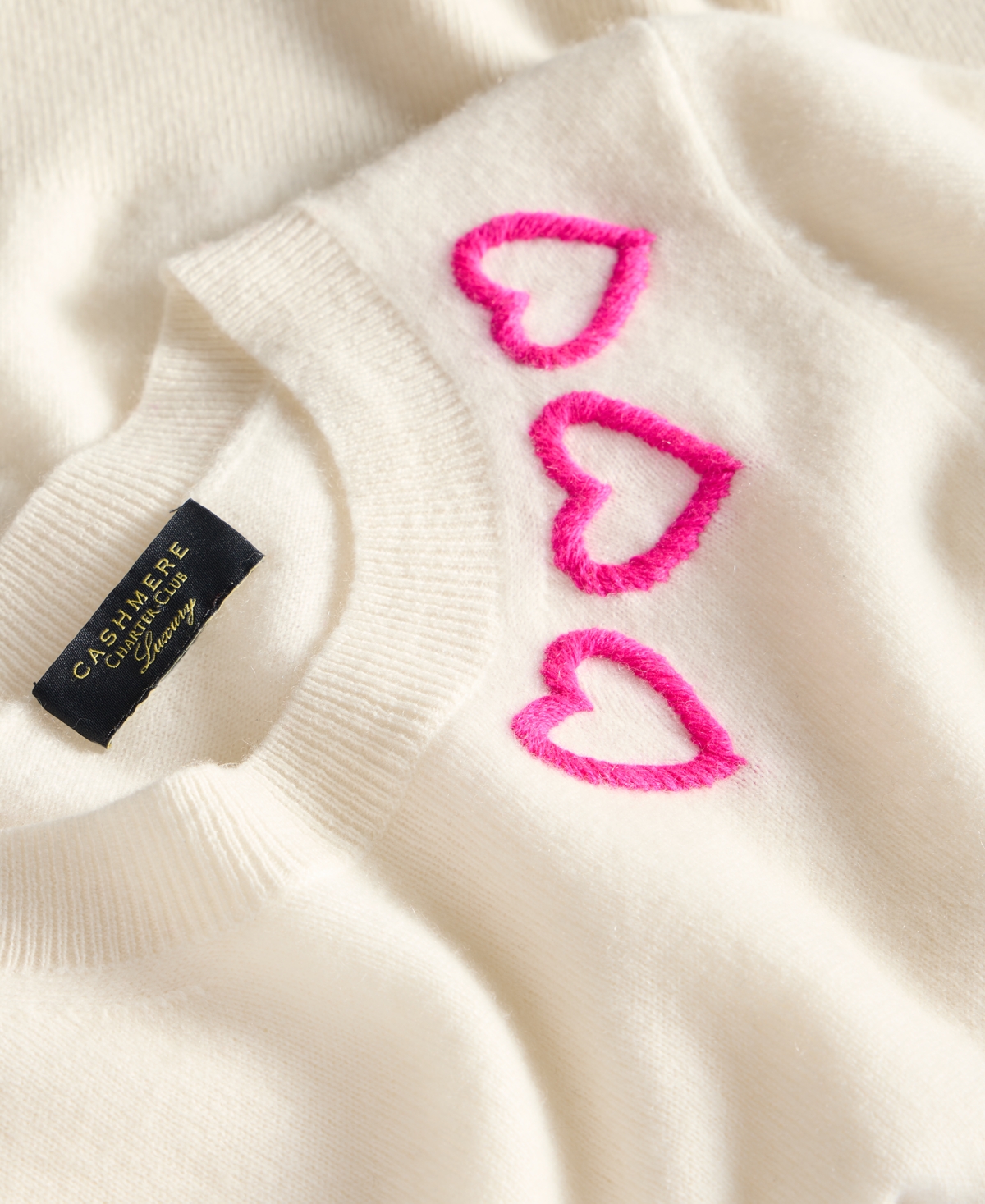 Charter Club Women's 100% Cashmere Embroidered Heart Sweater, Macy's Exclusive In White