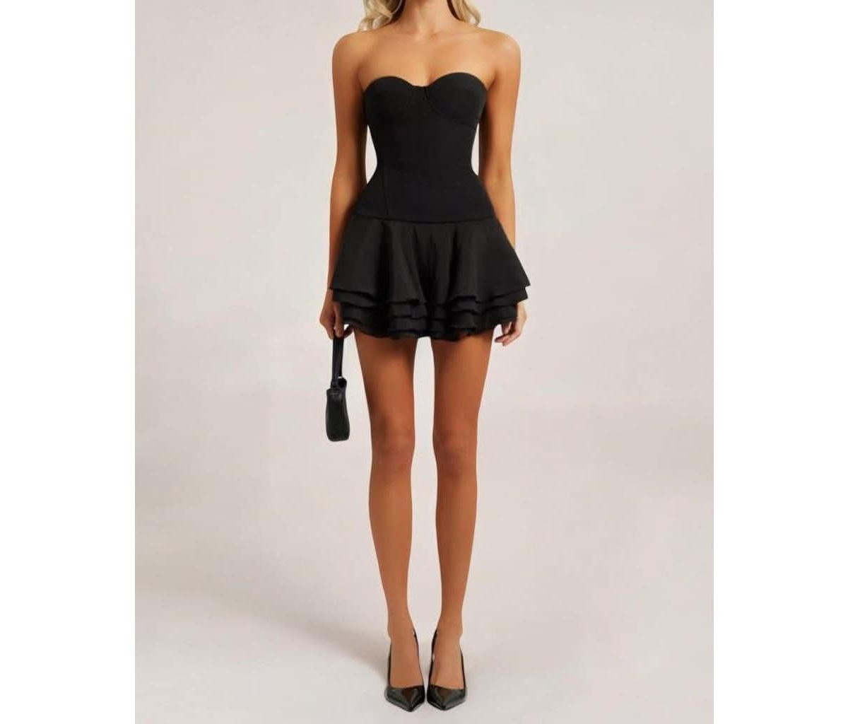 Women's Corset Chiffon Flared Mini Dress - Black