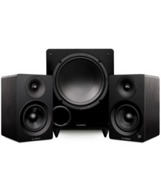 Ai41 Powered 5" Stereo Bookshelf Speakers (White), DB10 10" Powered Subwoofer (Walnut), 15ft RCA Subwoofer Cable