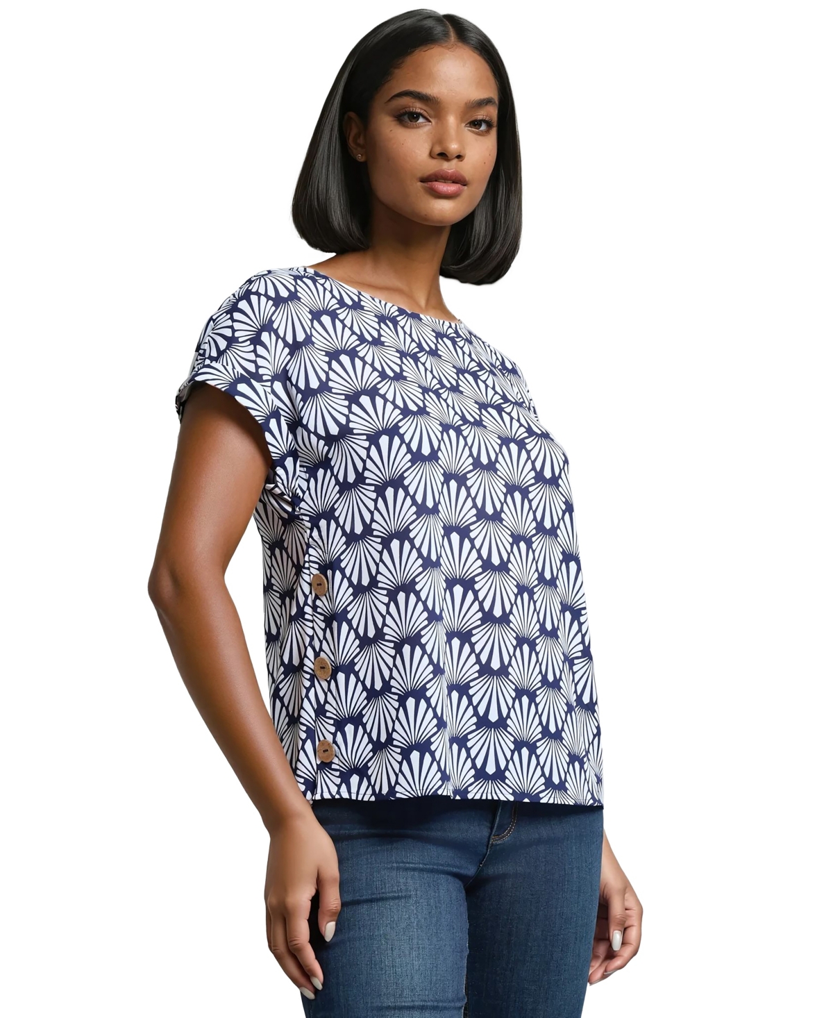 Jones New York Print Side Button Detail Crepe Top