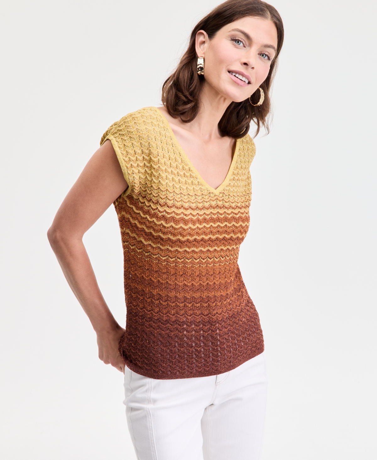 Women's Ombre V-Neck Sweater, Exclusively at Macy's - Orange Yellow Combo
