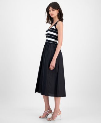 Women's Striped-Bodice Mixed-Media Midi Dress