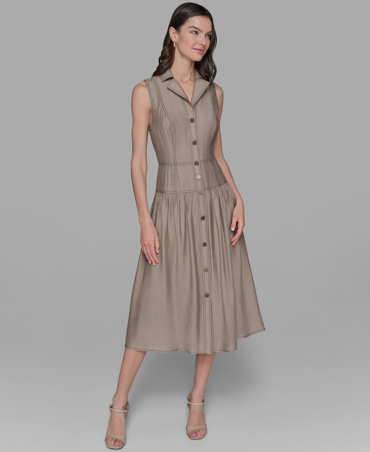 Karl Lagerfeld Petite Notched Collar Sleeveless Midi Shirtdress In Brown