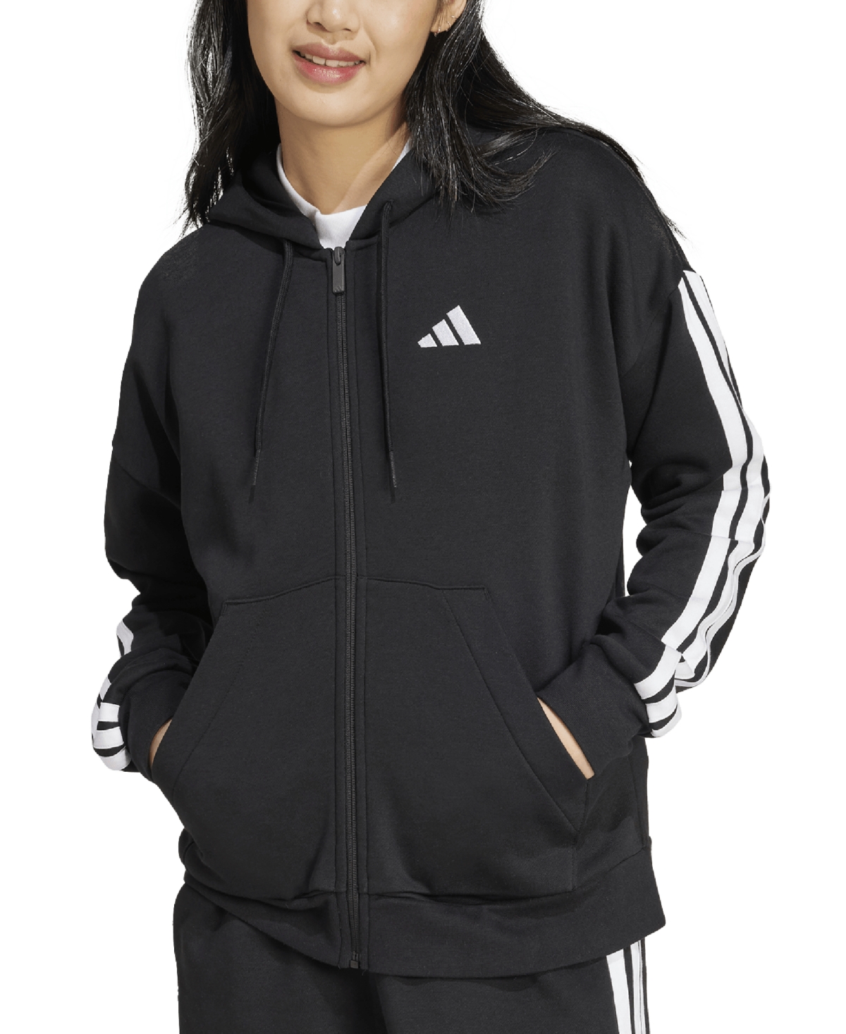 adidas Essentials 3-Stripes Full-Zip Fleece Hoodie Black XS - Womens Originals Hoodies & Sweatshirts