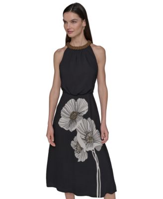Petite Beaded Neck Floral Graphic Dress 0 14p