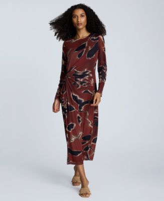long sleeve front knot dress Kenneth Cole Women's Printed Mesh Long Sleeve Knot Midi Dress, Black, Large
