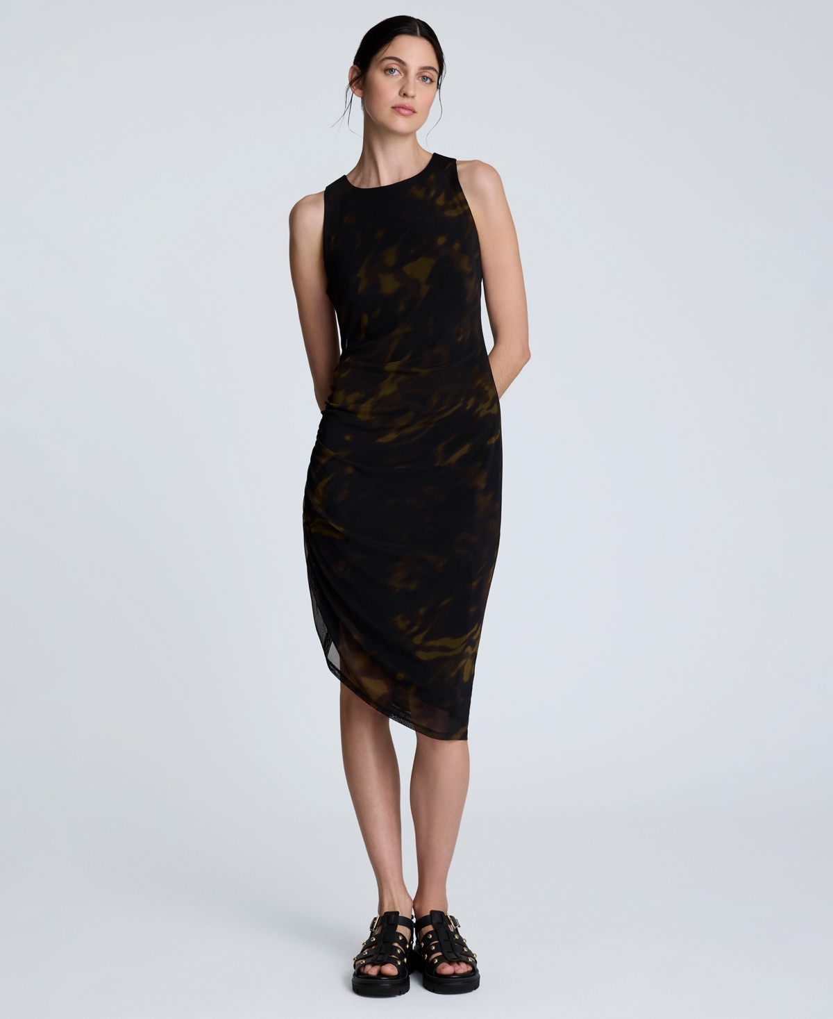 Kenneth Cole Sandra Side Ruched Asymmetrical Mesh Tank Dress