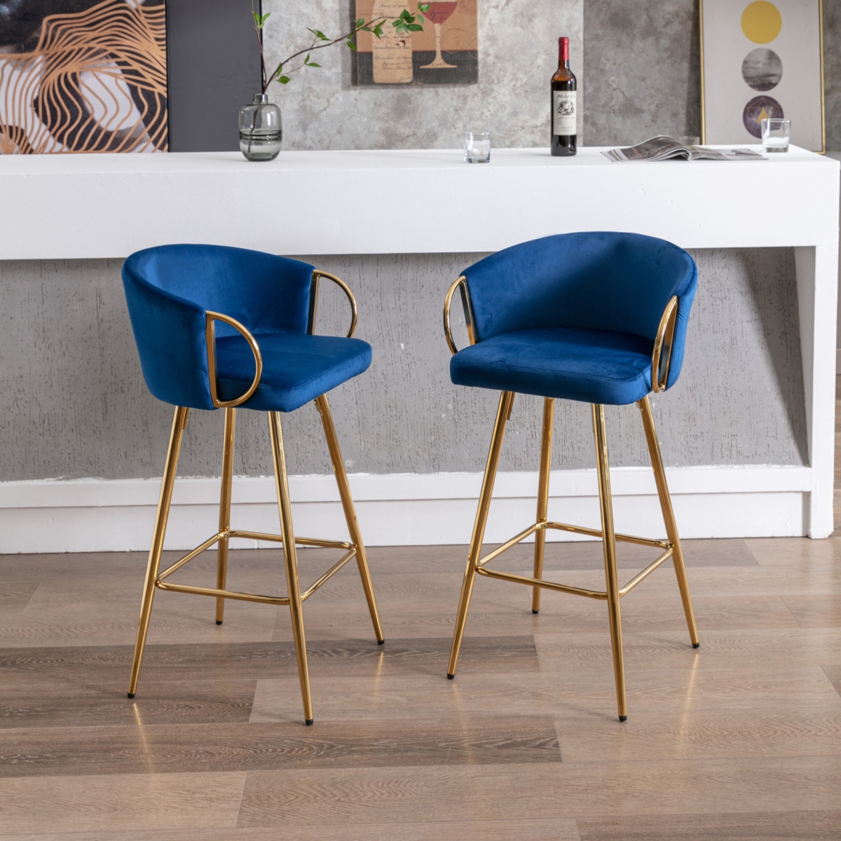 Streamdale Furniture 30 Inch Set Of 2 Bar Stools, With Chrome Footrest And Base Velvet + Golden Leg Simple Barstool, Blue