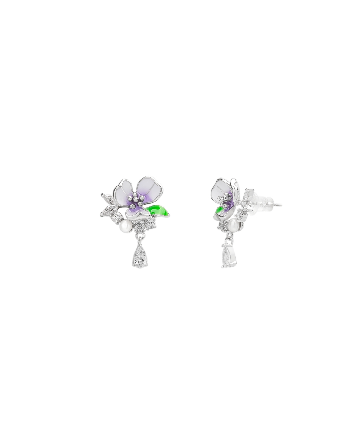 Pansy Violet Floral Earring in Sterling Silver - Silver