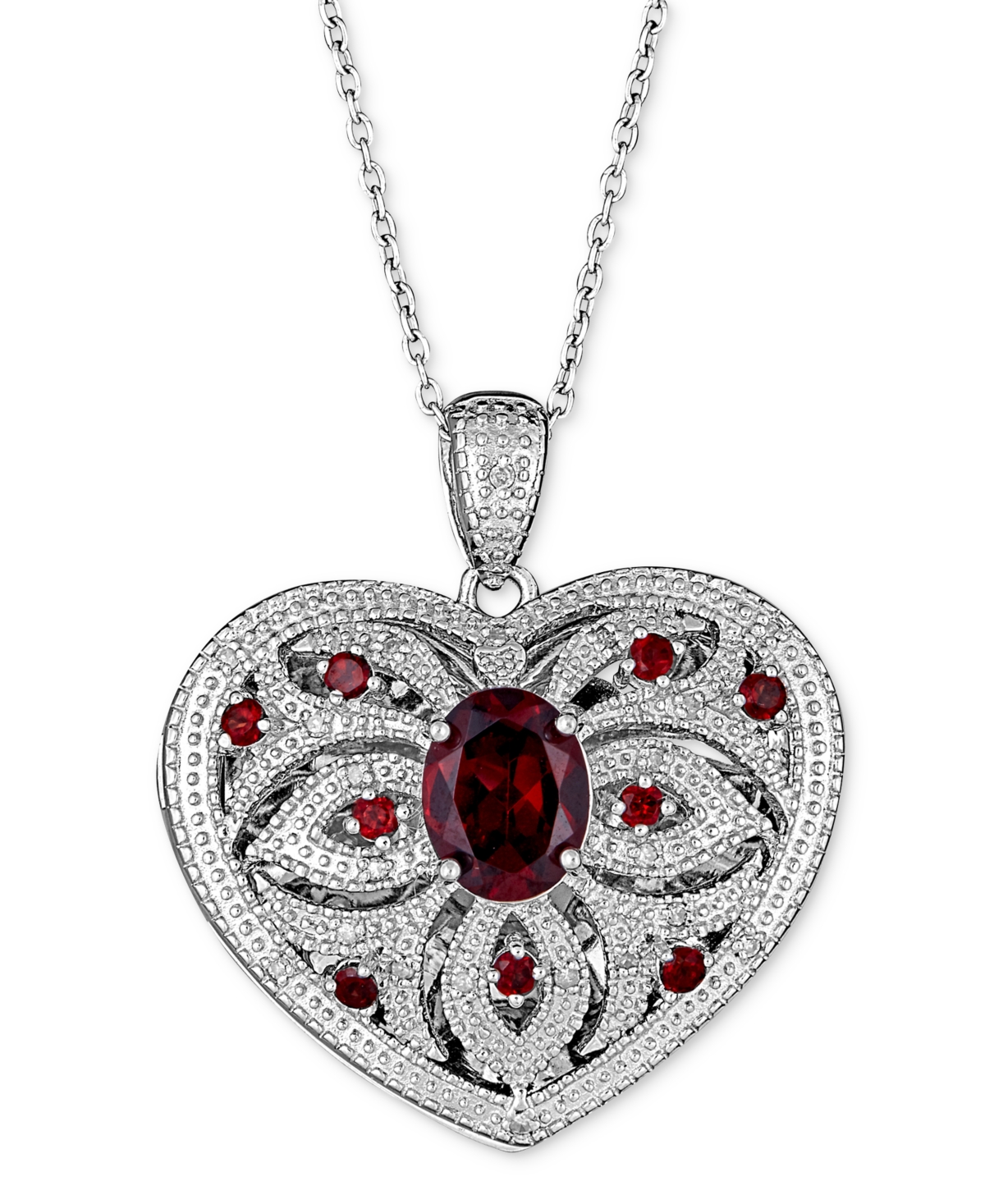 Macy's Garnet (2-3/4 Ct. T.w.) & Diamond (1/10 Ct. T.w.) Heart 18" Pendant Necklace In Sterling Silver In Burgundy