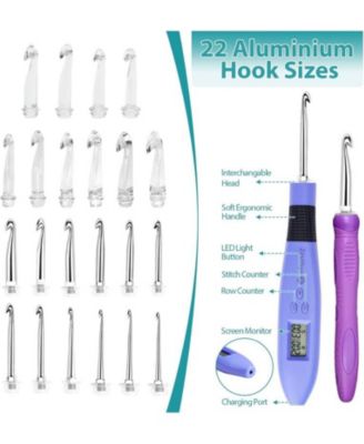 Rechargeable Lighted Crochet Hook Set with Stitch Counter, 22 Interchangeable Metal Heads, Ergonomic Handle – Gift for Knitters