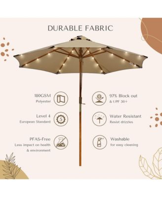 Boho 32 LED 9Ft Wood Market Patio Umbrella with Solar Lights for Bar Hotel Resort Alfresco Dining Rooftop Restauran Mocha