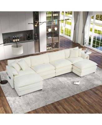 Oversized Beige Chenille Sectional Sofa with Ottomans