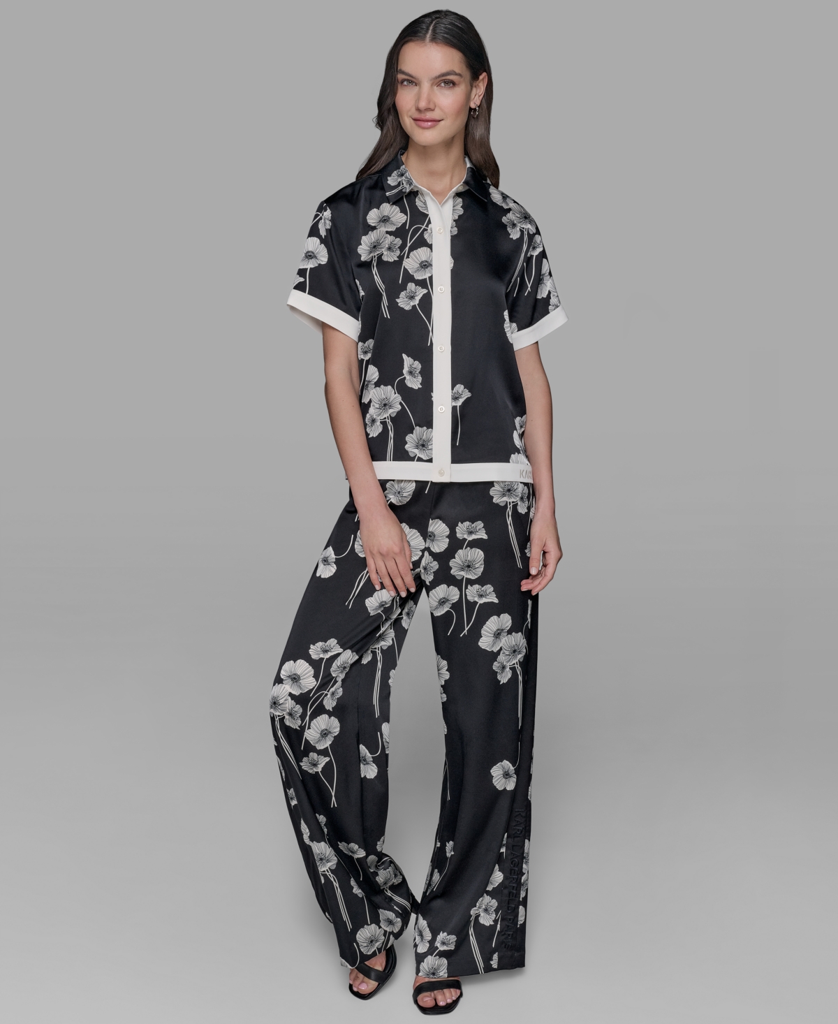 Karl Lagerfeld Petite Floral Print Satin Button-front Shirt In Black