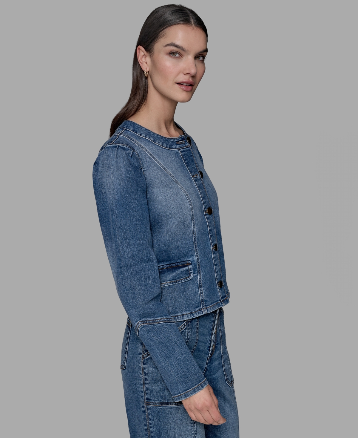 Karl Lagerfeld Petite Crewneck Button-front Denim Jacket In Blue