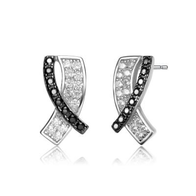 Sterling Silver Black Plating and White Gold Plating with Clear & Black Cubic Zirconia Accent Stud Earrings