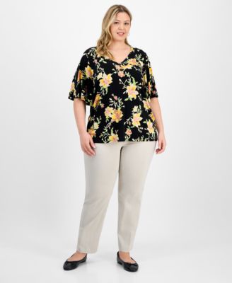 Plus Size Printed  Flared-Sleeve V-Neck Top, Exclusively at Macy's