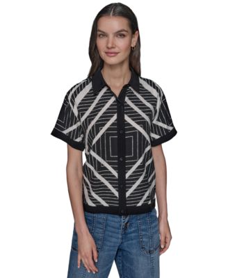 KARL LAGERFELD PARIS - Women's Geo-Print Button-Down Short-Sleeve Top