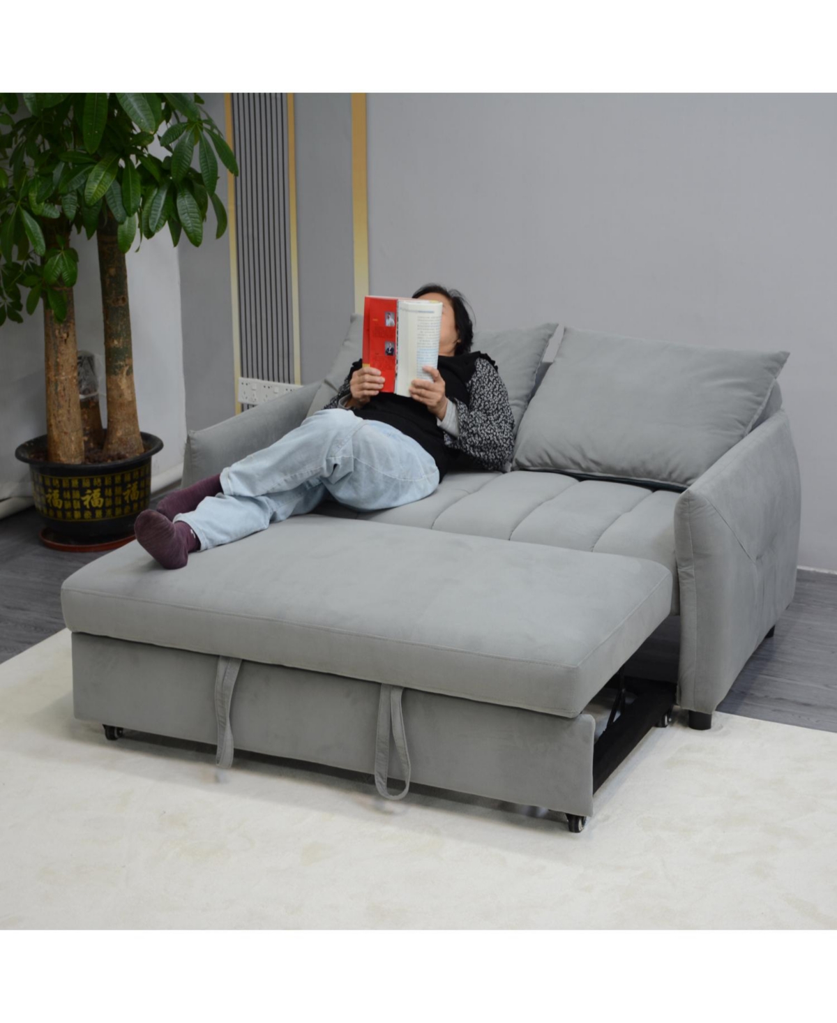 Streamdale Furniture Convertible Velvet Sleeper Sofa Bed, Light Gray