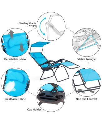 Folding Recliner Zero Gravity Lounge Chair W/ Shade Canopy Cup Holder