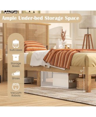 Twin Size Bed Frame w/ Rattan Headboard 10 Solid Wood Legs & 12 Wooden Slats