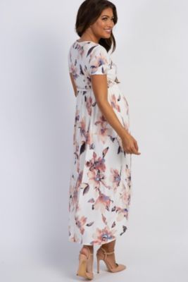 Maternity Ivory Watercolor Floral Hi-Low Wrap Dress