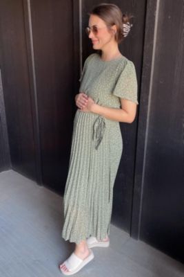 Maternity Light Olive Leaf Print Pleated Midi Dress