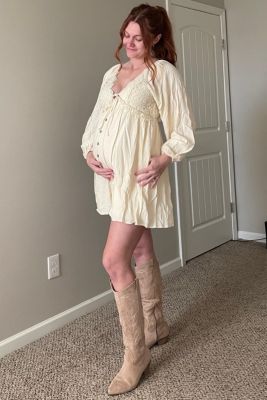 Maternity Beige Crochet Lace Button Front Dress