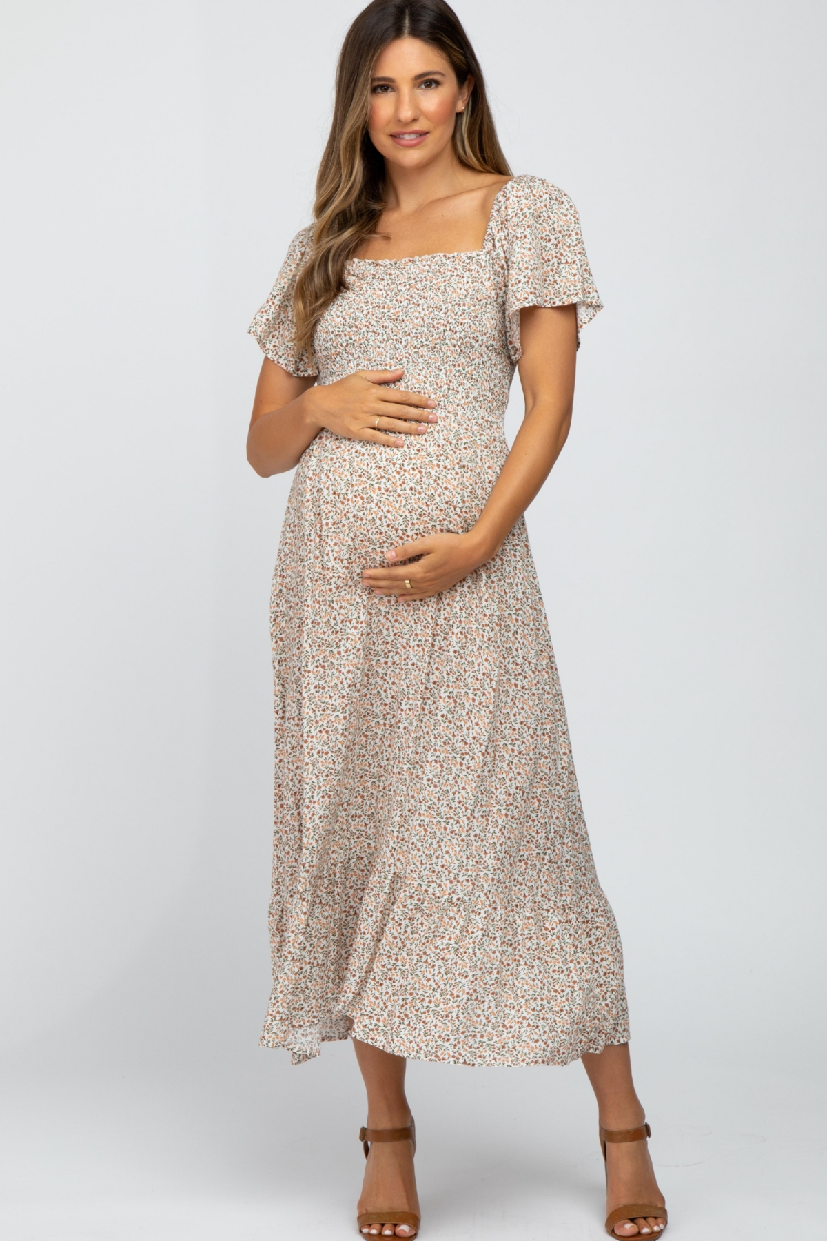 Maternity Ivory Floral Smocked Maxi Dress - Ivory